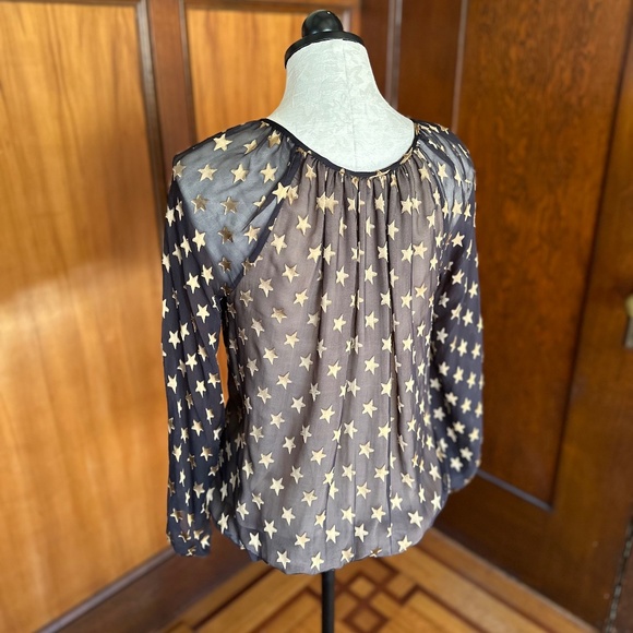 Flowy Black and Gold Star Print Blouse Top by Diane Von Furstenberg DVF, Silk - Picture 4 of 6